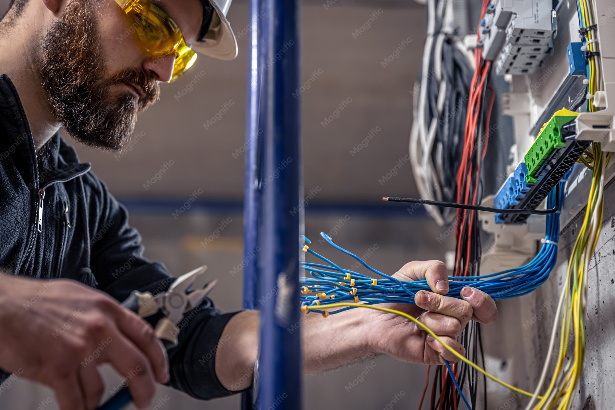 Premium Photo | A male electrician works in a switchboard with an electrical connecting cable, connects the equipment with tools.