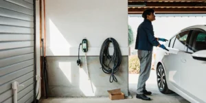 Man plugging an EV into a home level 2 charger after installation.