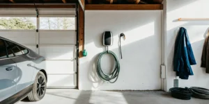 A home EV charger installed on a garage wall next to an electric car.